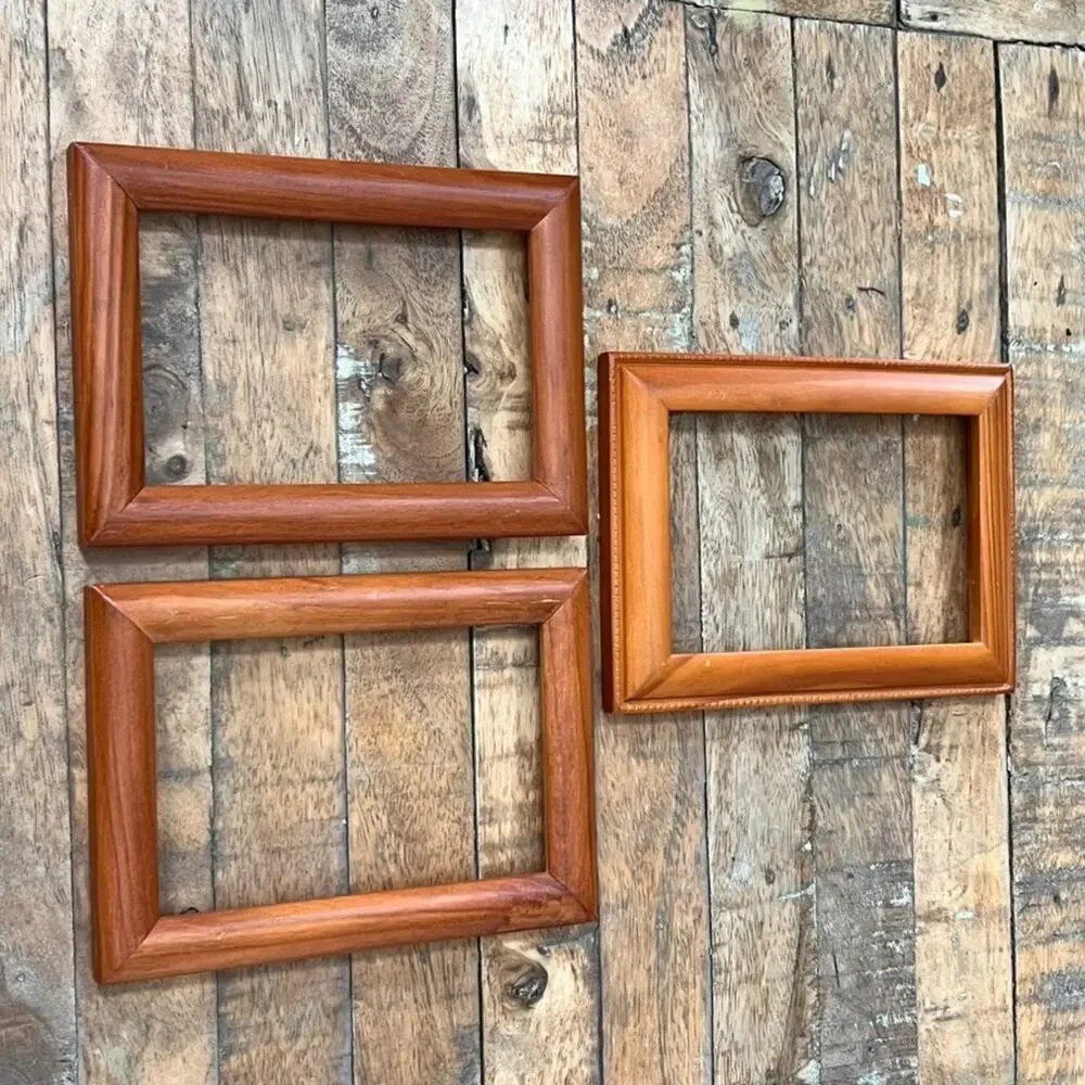 Set Of Three Solid Wood Picture Frames No Glass Light Brown Tone